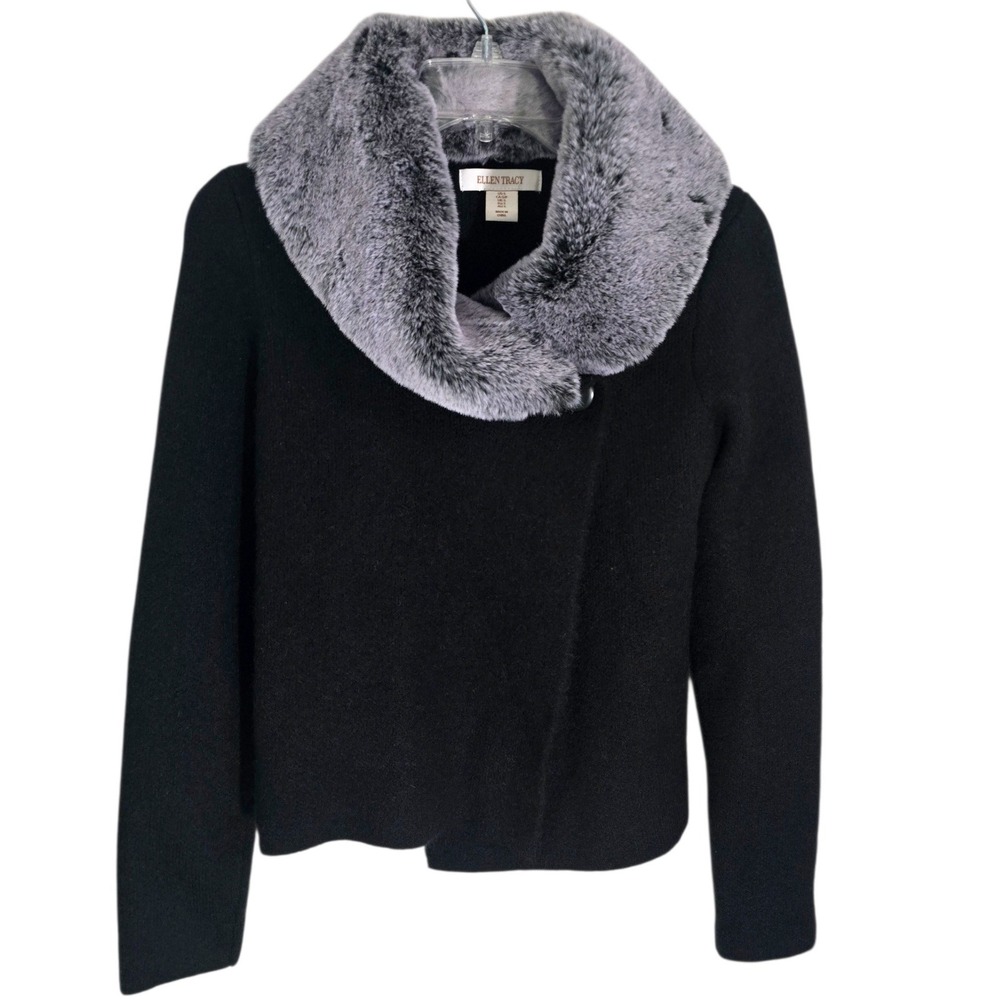 Ellen‎ Tracy Women's Black Faux Fur Collar Wool Blend Cardigan Sweater Size S